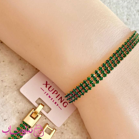 دستبند دخترانه ژوپینگ طرح تنیسی سبز طلایی سه لاین کد 5491