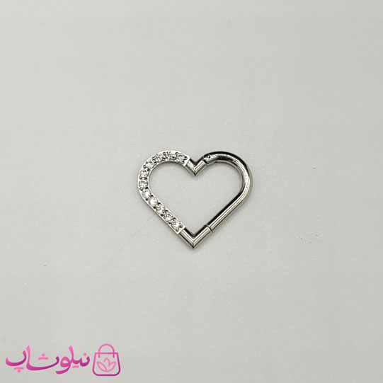 پیرسینگ دیث گوش استیل نقره ای رنگ مدل قلب نگین سفید کد 3391