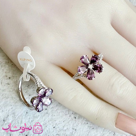انگشتر زنانه ژوپینگ مدل گل بنفش نقره ای رنگ کد 3991