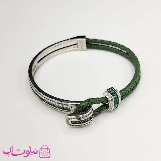 دستبند زنانه بولگاری مدل چرم استیل سبز نقره ای کیفیت مستر کد 1600