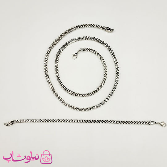 ست گردنبند و دستبند مردانه فرانکو (میرو) استیل نقره ای کد 950