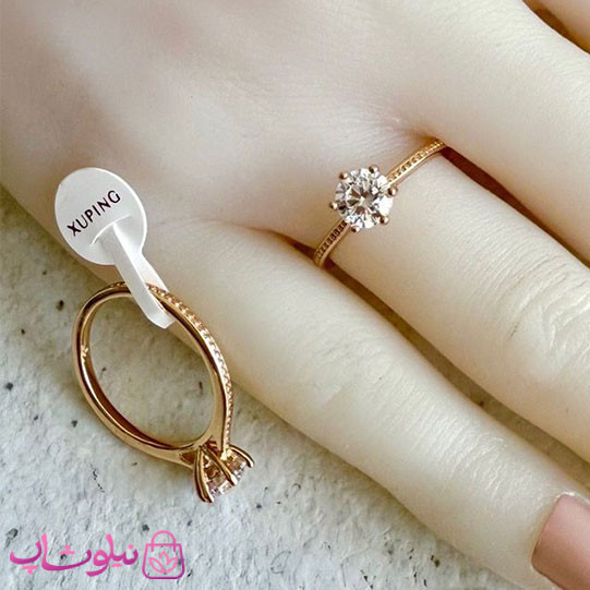 انگشتر زنانه ژوپینگ طرحدار طلایی مدل سولیتر نگین سفید کد 2491