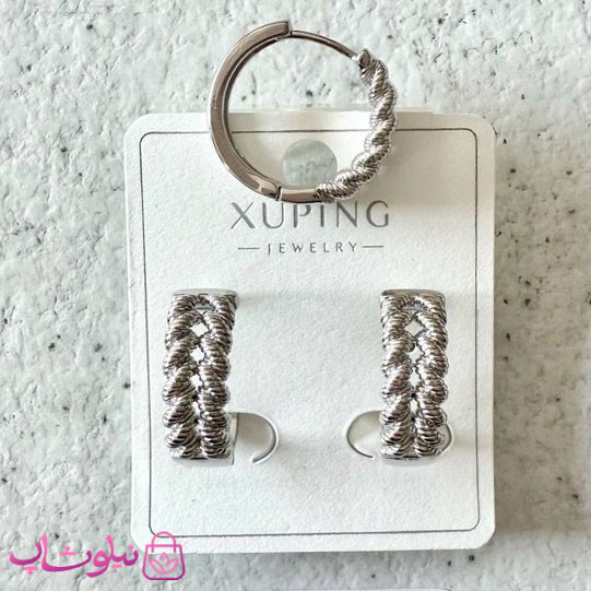 گوشواره حلقه ای زنانه ژوپینگ طرحدار نقره ای رنگ کد 2591