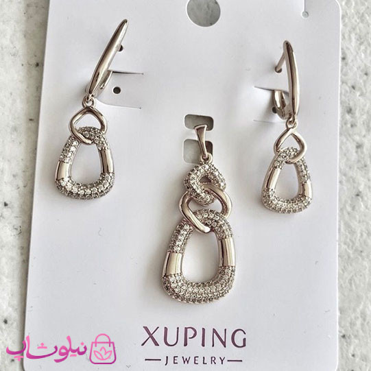 ست پلاک و گوشواره زنانه ژوپینگ نقره ای رنگ نگیندار کد 7991