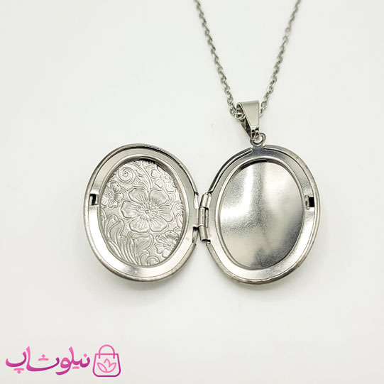 گردنبند لاکت بیضی طرح گل نقره ای