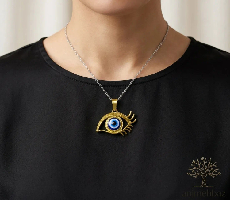 گردنبند چشم زخم طلایی با نگین آبی کلاسیک طرح چشم و مژه