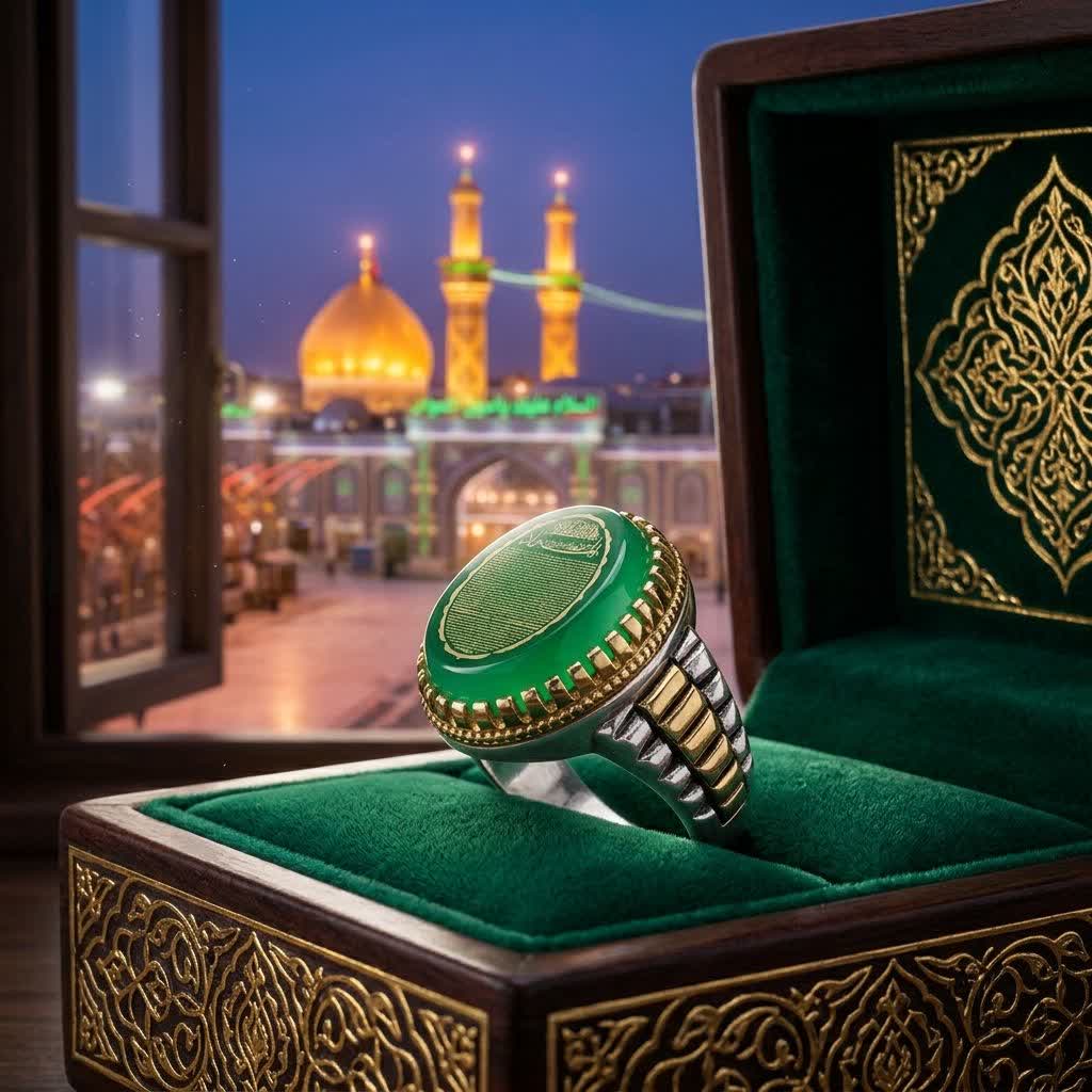 انگشتر نقره عقیق سبز حکاکی حرز امام جواد (ع) | خرید انگشتر نقره مردانه خاص کد 5351