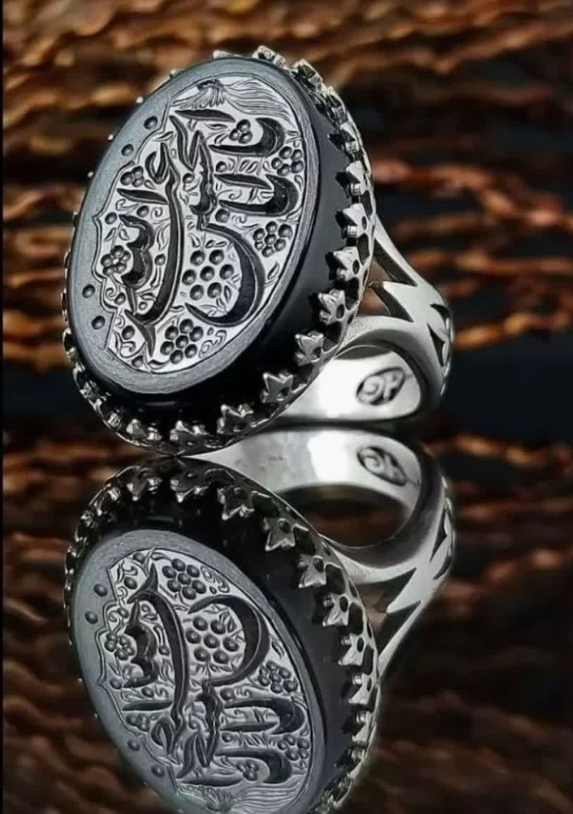 انگشتر عقیق مشکی حکاکی یا اباعبدلله الحسین رکاب آلیاژی باکیفیت کد 3652