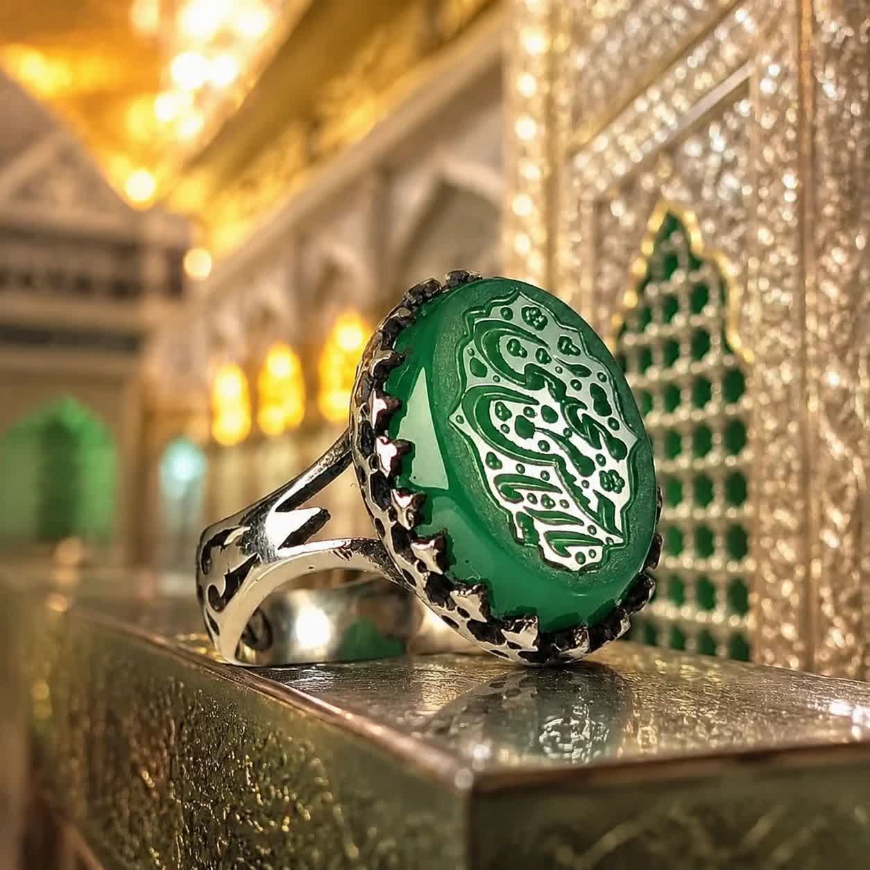 انگشتر آلیاژی عقیق سبز مردانه با حکاکی «یا امام حسن مجتبی» | ترکیب زیبایی اصیل و معنویت کد 5013
