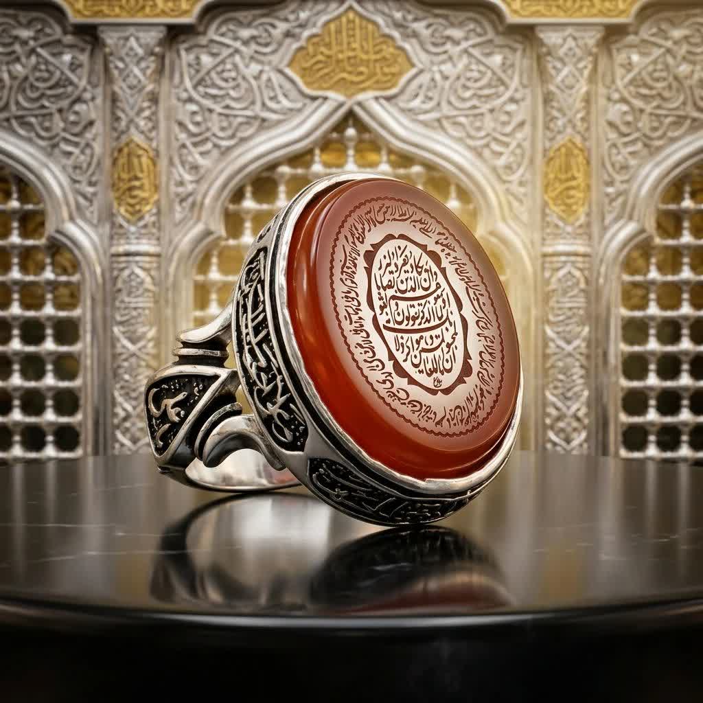 انگشتر نقره عقیق قرمز مردانه با حکاکی وان یکاد و آیت الکرسی | ترکیب زیبایی، اصالت و محافظت معنوی کد 5010