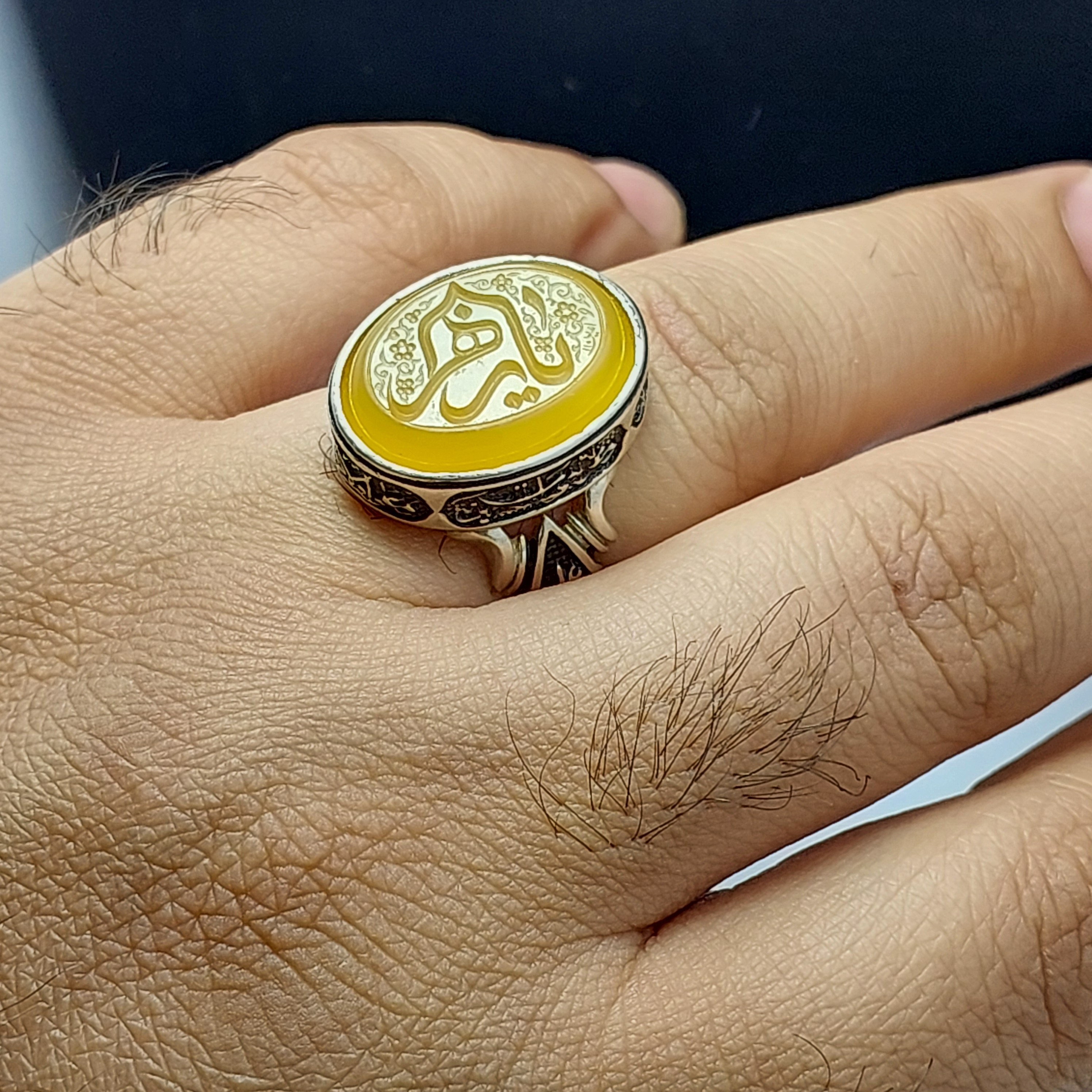 انگشتر عقیق زرد اصل با رکاب چهارسلام