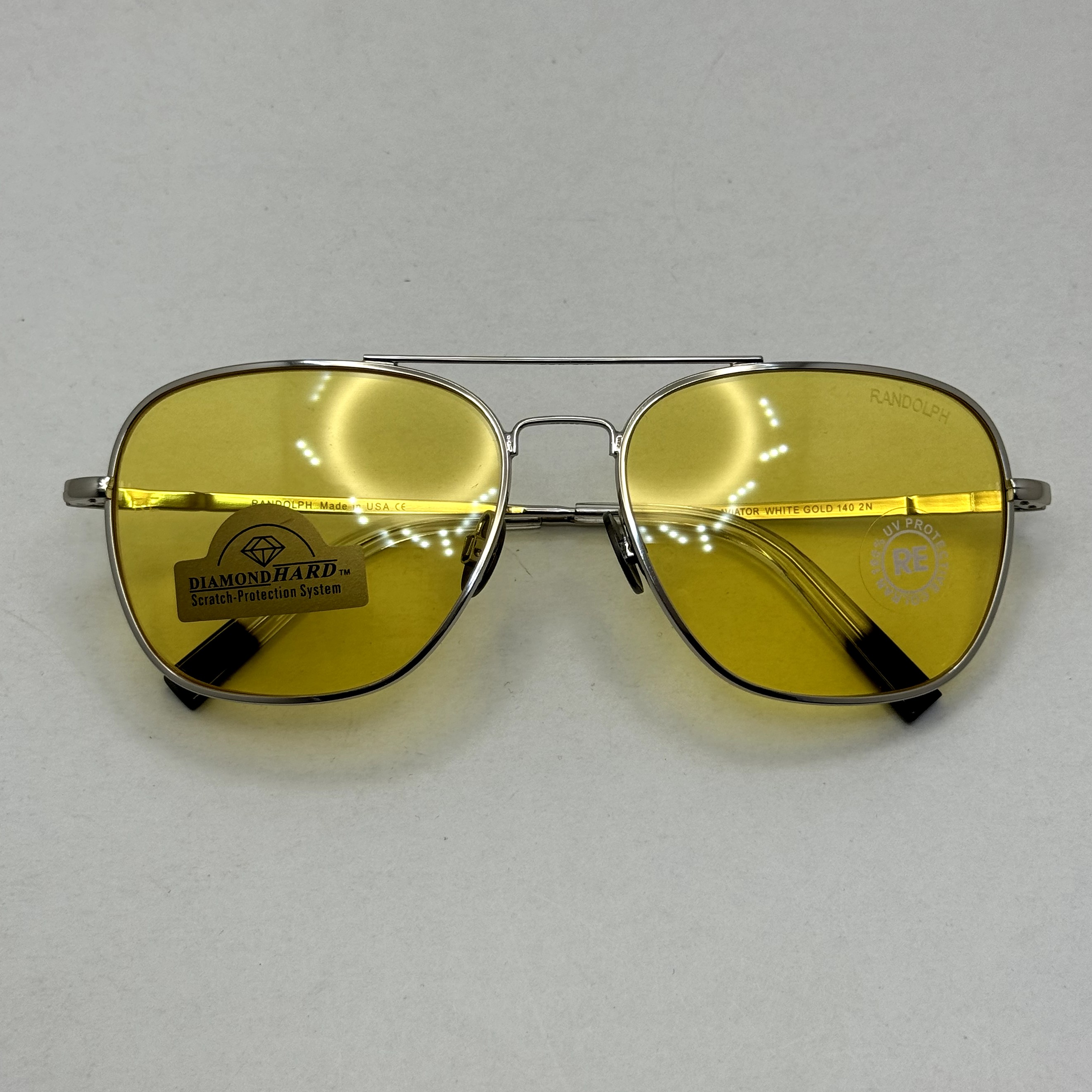 عینک آفتابی و شب خلبانی رندولف شیشه سنگ زرد فریم نقره ای فول پک اصلی RANDOLPH AVIATOR RE 58 24K WHITE GOLD (ارسال