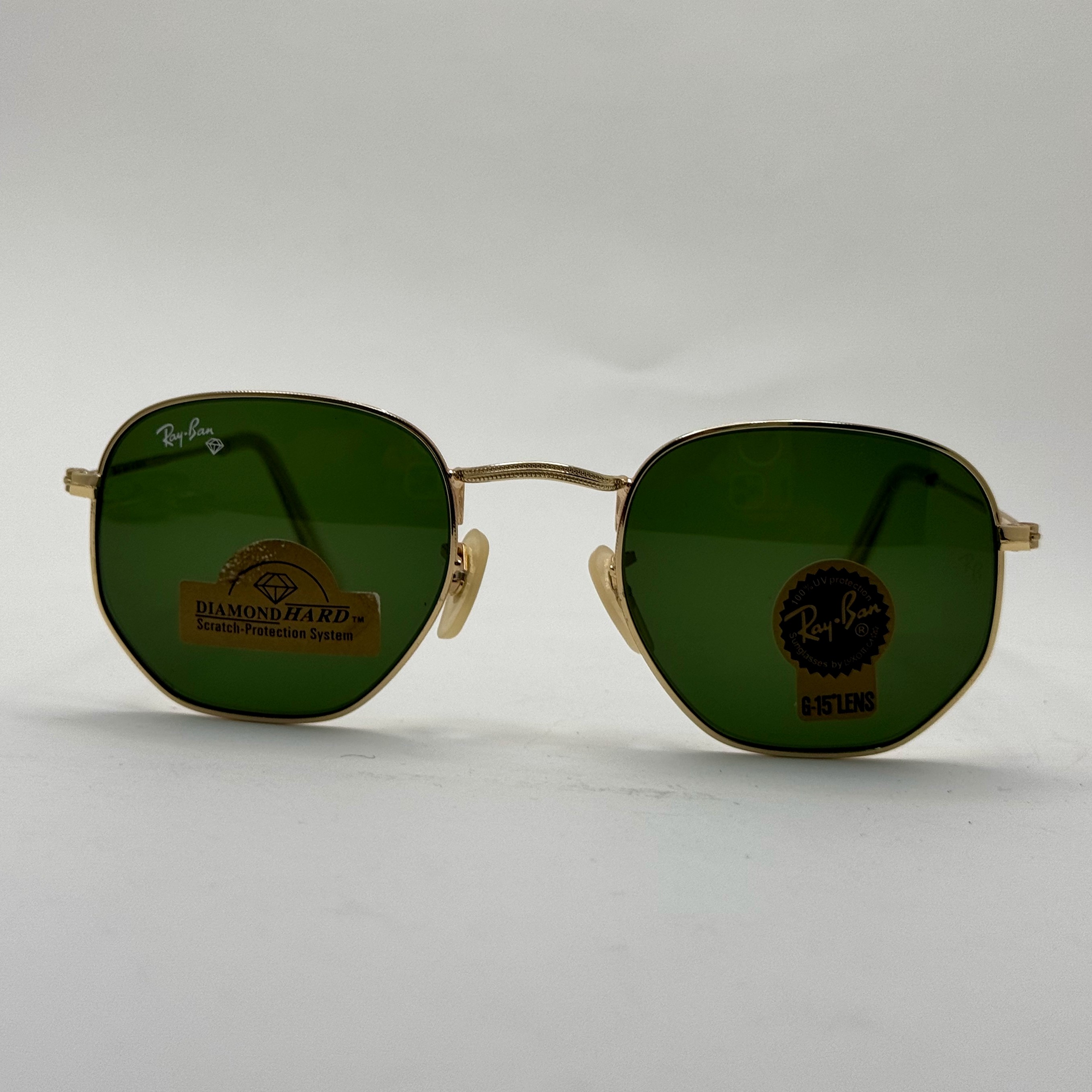 عینک ریبن هگزونال شیشه سنگ سیز فریم طلایی به همراه پک کامل ریبن کد Rayban RB 3548 (ارسال رایگان)