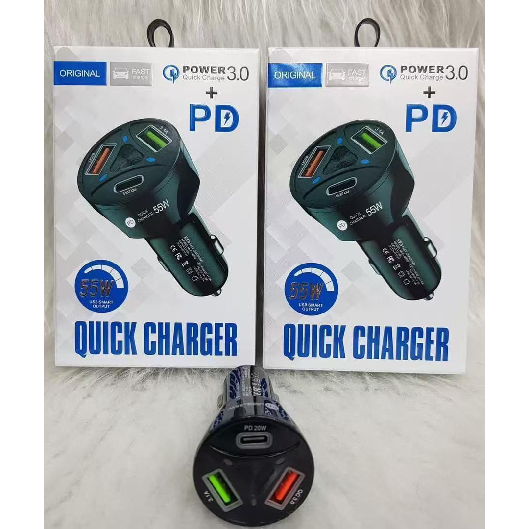 شارژر فندکی 55 وات ماشین 3 خروجی همزمان ، فست شارژ یک خروجی PD و دو خروجی USB پک دار شرکتی کیفیت بالا ایکس